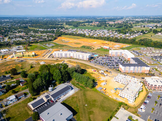 Aerial drone photo of commerce center being built and under construction. 