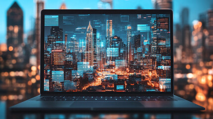 Seamless Laptop Interface with Endless Tabs and Applications Merging into Clean Futuristic Cityscape of Technology