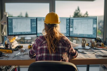 Female architect working with construction blueprints on computer screens