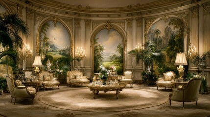Luxurious, ornate interior design.  Grand, lavish, circle seating area, painted murals