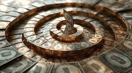 Seamless Money Spiral with Coins and Bills Looping Outward Representing the Cyclical Nature of Wealth and Economy
