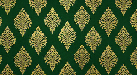Golden Damask Pattern on Emerald Green Background.