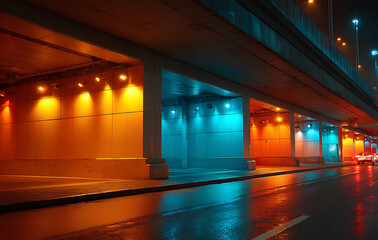 Urban Night Scene Wet Asphalt Road Under Illuminated City Underpass