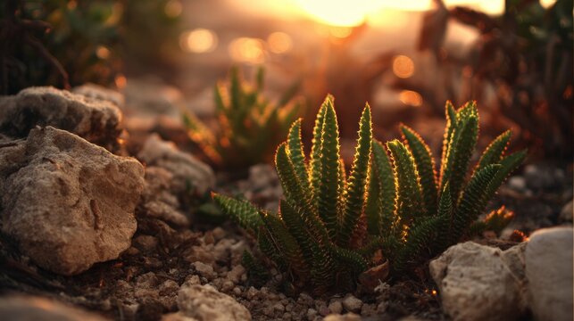 In a sun-drenched desert, cactus plants grow abundantly among the rocky outcrops