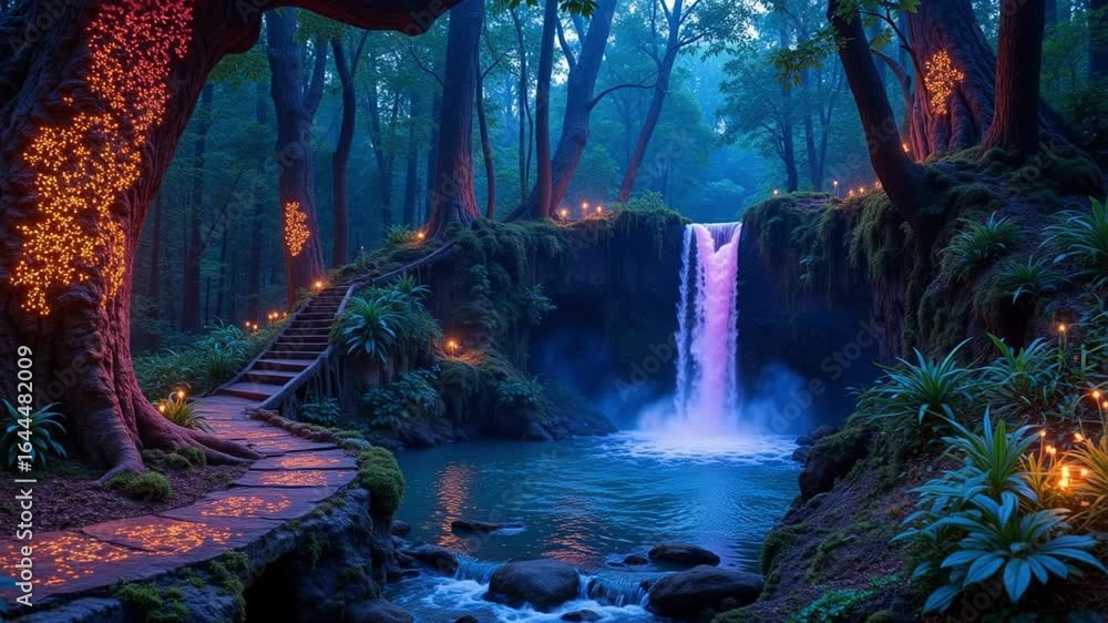 Poster Magical enchanted forest pathway leads to a stunning waterfall illuminated by glowing lights and ethereal mist, creating a serene and mystical atmosphere.
