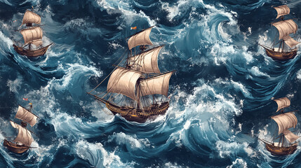 Seamless Pattern of Pirate Ships on Stormy Sea with Waves Blending into Ships in a Dynamic Swirling Design