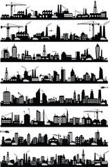 Fototapeta premium Collection of diverse cityscape silhouettes featuring industrial buildings cranes and tall structures against a white background