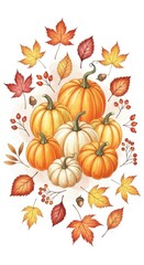 Watercolor Autumn Harvest: Pumpkins, Leaves, Acorns, Berries, and Fall Colors.