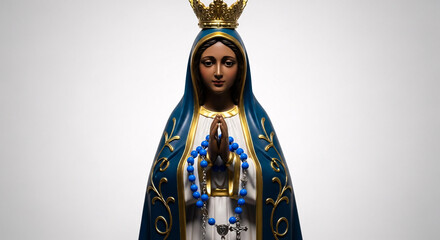 Statue of virgin mary with blue robe and gold crown holding blue rosary against a white background on transparent background