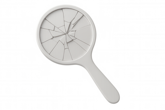 White broken hand mirror isolated on transparent background representing loss of self, identity crisis, low self-esteem, psychological problems, and mental health issues