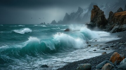 Obraz premium Iceland Black Sand Beach with Massive Crashing Waves, Basalt Columns, and Dramatic Overcast Sky in National Geographic Style Nature Photography 