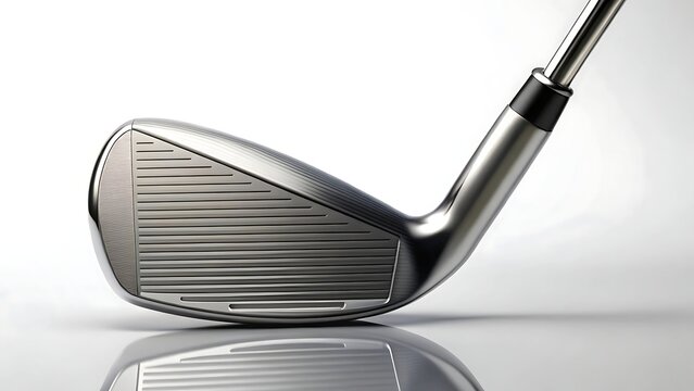 Close up of a golf club face and shaft on a white background