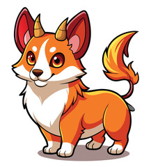 Whimsical cartoon corgi dog with small horns and a fiery tail on a white background Keywords: corgi, dog, puppy, cartoon, illustration, cute, adorable, happy, smiling, horns, devil, fantasy