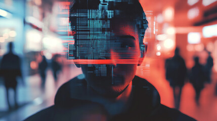 Seamless selfie with digital glitch effect and pixels bleeding from phone screen into surroundings creating futuristic surreal atmosphere