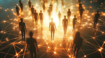 Seamless team of diverse people connected by glowing threads of light symbolizing effortless cooperation teamwork and mutual support