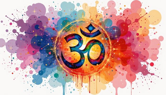 watercolor omkar symbol with cosmic background, no people