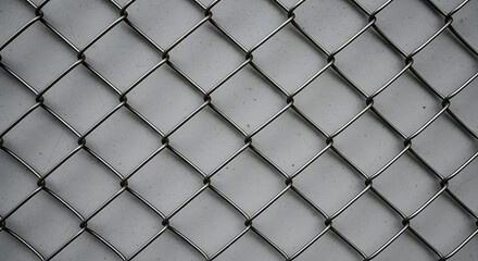 A metallic chainlink fence with a woven diamond pattern against a grey wall.