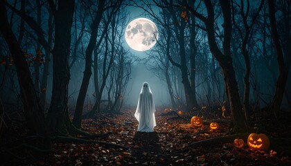 Ghostly figure in haunted forest under full moon
