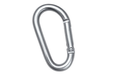 Metal carabiner gleaming, reflecting light against transparent backdrop, perfect for graphic design and compositional applications