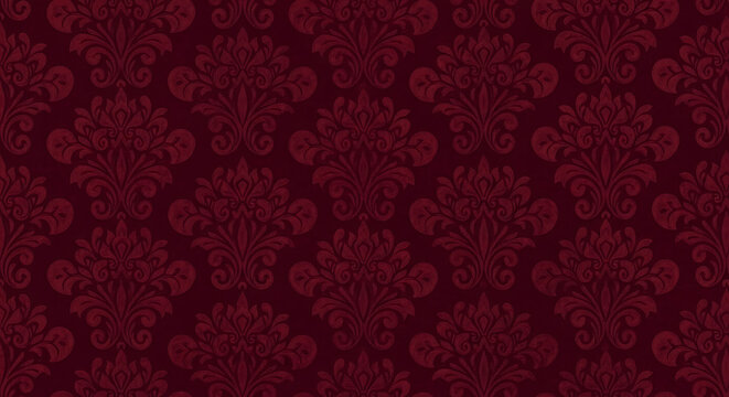 Rich burgundy damask seamless pattern with ornate floral design.