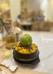 Matcha Bingsoo with Red Bean and Corn Flakes