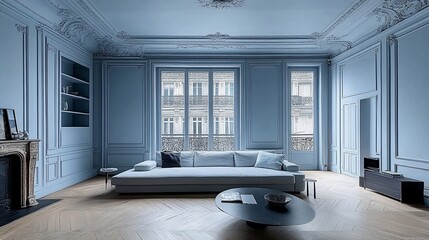 Elegant Parisian living room,  light blue
