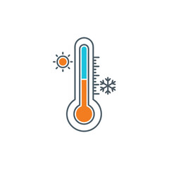 vector of a thermometer showing hot and cold temperatures, with sun and snowflake icons, representing weather and climate.