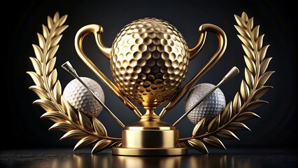 Golden golf trophy with clubs and balls surrounded by laurel wreath