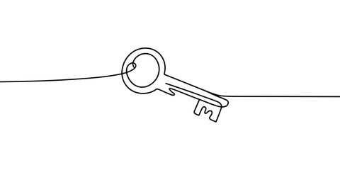 One line drawing of a key on white background, continuous line art style