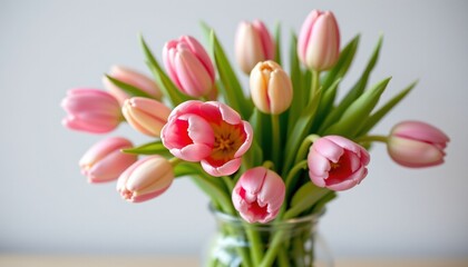Obraz premium pastel tulips bouquet in glass vase, spring, no people, no text, no logo