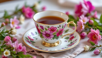floral teacup and saucer, spring brunch mockup, no people, no text, no logo