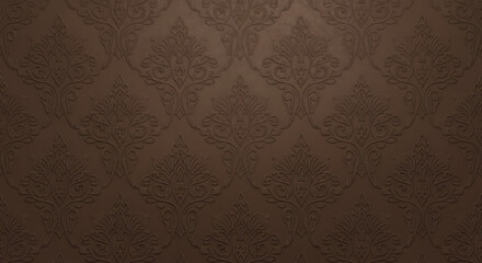 Luxurious vintage brown damask pattern with embossed floral and scroll details.