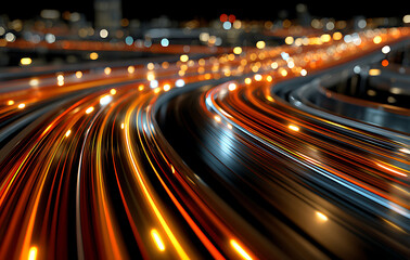 Abstract Night City Highway with Orange and Yellow Light Trails