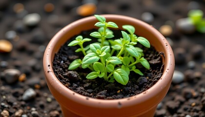 herb seedling in clay pot, spring planting, no people, no text, no logo