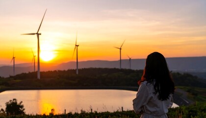 Sunset view of wind turbines over lake