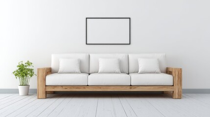 This living room's modern interior design includes a white sectional sofa, wooden coffee table, decorative vases, and minimalist decor, which collectively produce a serene and inviting atmosphere