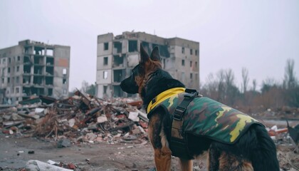 German shepherd dog in damaged urban area