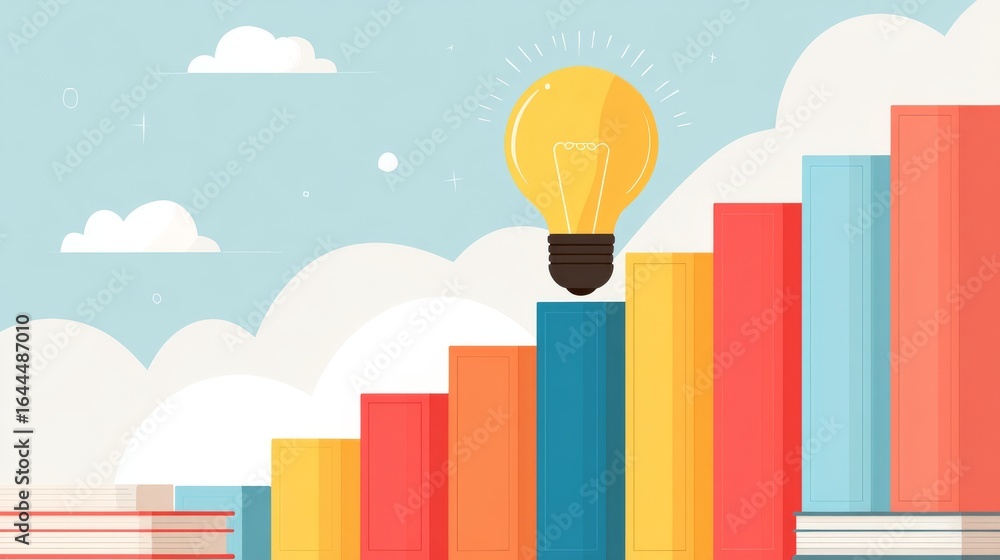 Poster A soft gradient background provides the perfect setting for a stack of colorful books topped with a glowing light bulb, a powerful symbol of the knowledge and creative spark that fuels personal