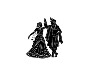 Fototapeta premium A traditional Indian couple, a woman in a flowing sari and a man in ornate attire, are depicted dancing gracefully in a silhouette against a white background.