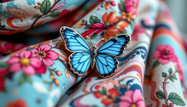 butterfly enamel pin on spring scarf, no people, no text, no logo