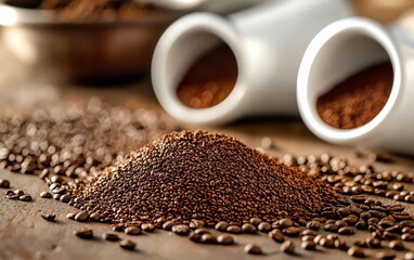 Naklejka premium The warm glow of a kitchen enhances the beauty of spilled coffee on wood.