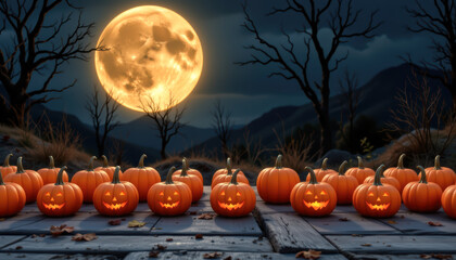 Spooky night scene with glowing jack-o'-lanterns under a full moon surrounded by barren trees and mountains.