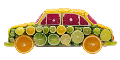 Citrus Car Made of Orange Lime Grapefruit and Lemon Slices on Transparent Background, PNG