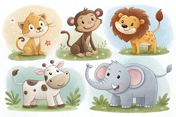 Cute cartoon safari animals including lion elephant monkey giraffe and tiger cub