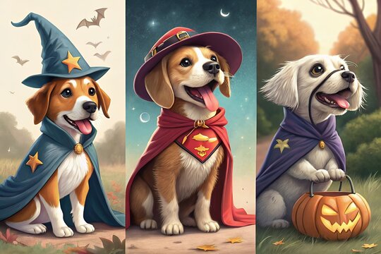 Three adorable dogs dressed in halloween costumes celebrating the spooky season