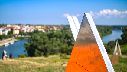Modern metal sculptures cityscape view