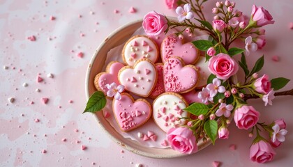 pink floral tray with cookies, spring, no people, no text, no logo