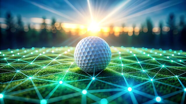 Futuristic golf ball on a glowing network grid under a bright sun