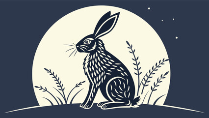 Hare silhouette vector art print design under moonlight with stars and grass illustration vector image