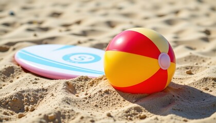 Obraz premium surfboard and beach ball on sand, summer mockup, no people, no text, no logo